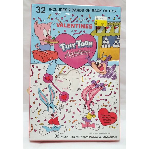 Vintage 1992 Warner Bros Tiny Toon Adventures 32 Valentines Day Cards Envelopes - Picture 1 of 7